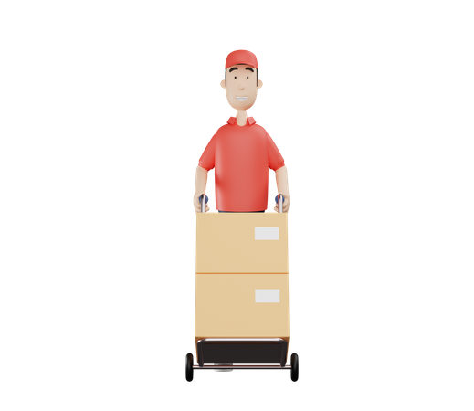 Deliveryman pushing packages trolley 3D Illustration