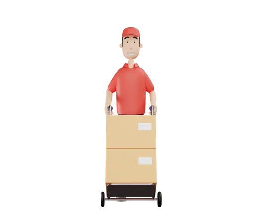 3 D Courier Character Pushing A Hand Truck 3D Illustration