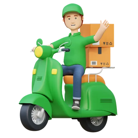 Courier Delivery Package Box Riding Motor Bike 3 D Cartoon Illustration 3D Illustration