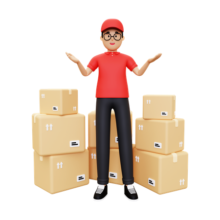 Deliveryman showing a pile of packages  3D Illustration