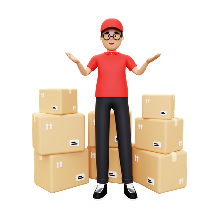 Deliveryman showing a pile of packages 3D Illustration