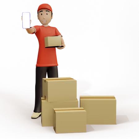 Deliveryman showing mobile  3D Illustration