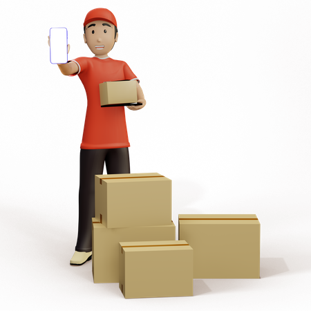 Deliveryman showing mobile 3D Illustration