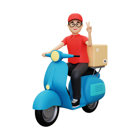 Deliveryman showing victory sign while riding scooter  3D Illustration