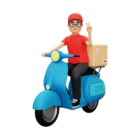 Deliveryman showing victory sign while riding scooter  3D Illustration