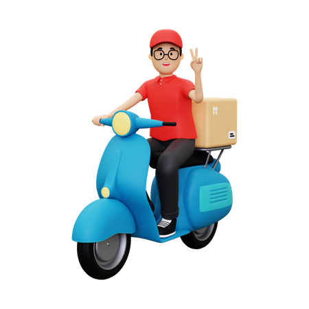 Deliveryman showing victory sign while riding scooter 3D Illustration
