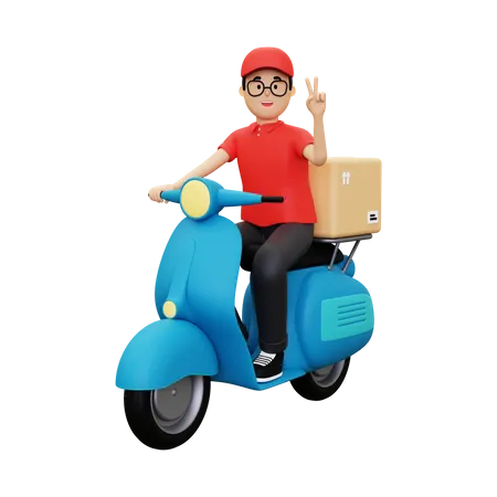 Deliveryman showing victory sign while riding scooter 3D Illustration