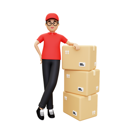 Deliveryman standing next to a pile of cardboard  3D Icon