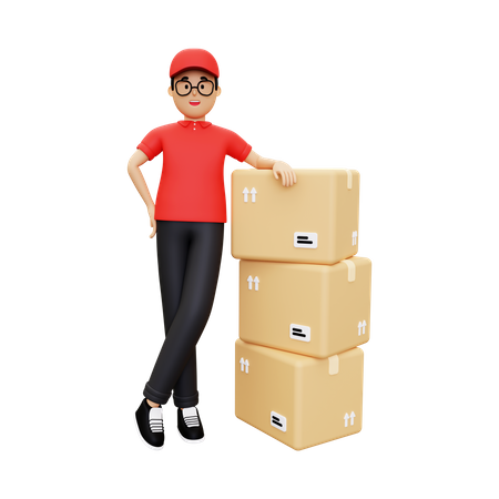 Deliveryman standing next to a pile of cardboard 3D Illustration