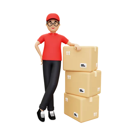 Deliveryman standing next to a pile of cardboard  3D Illustration