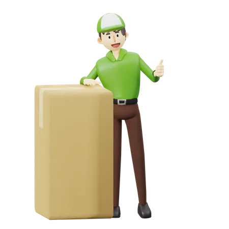Deliveryman standing next to the parcel 3D Illustration