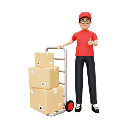 Deliveryman standing next to the parcel trolley  3D Icon