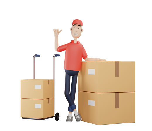 Deliveryman standing next to the parcel trolley 3D Illustration