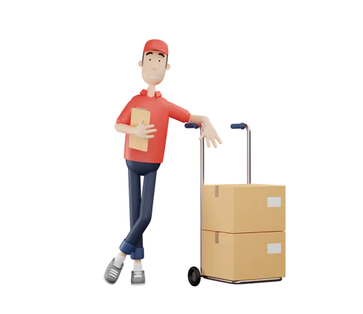 Deliveryman standing next to the parcel trolley 3D Illustration