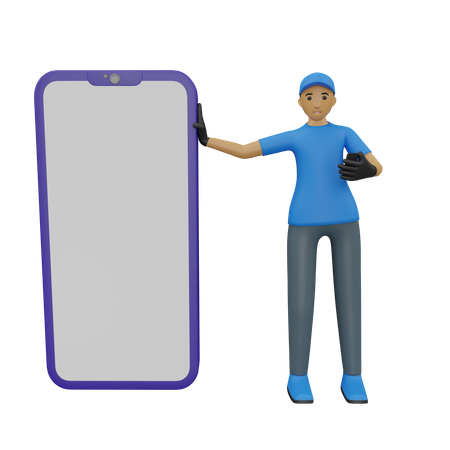 Deliveryman standing with blank mobile screen  3D Illustration
