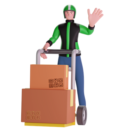 Deliveryman waving and Holding Trolley Loaded With Boxes 3D Illustration
