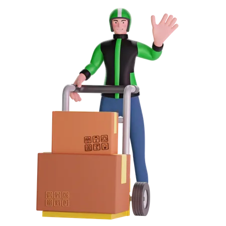 Deliveryman waving and Holding Trolley Loaded With Boxes 3D Illustration