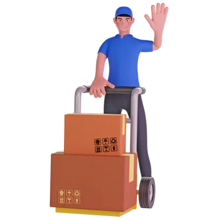 Deliveryman waving and Holding Trolley Loaded With Cardboard Boxes  3D Illustration