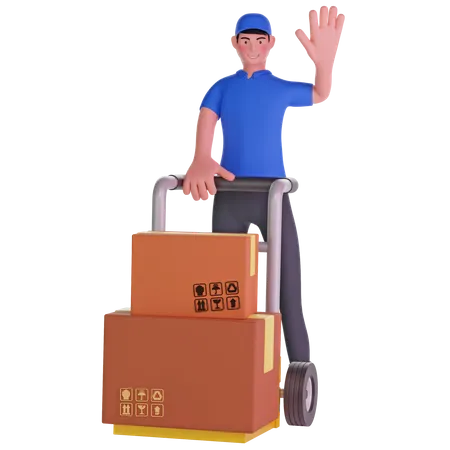Deliveryman waving and Holding Trolley Loaded With Cardboard Boxes 3D Illustration