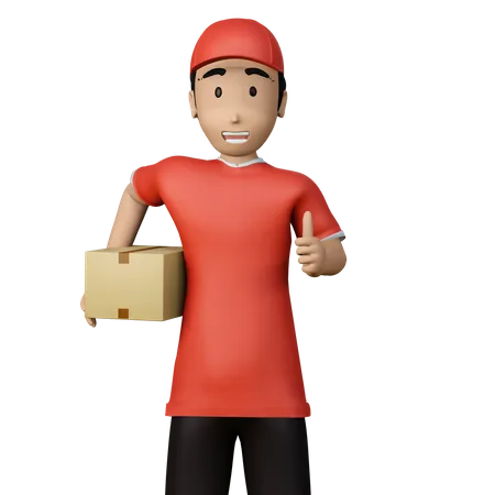 Deliveryman with box showing thumbs up  3D Illustration