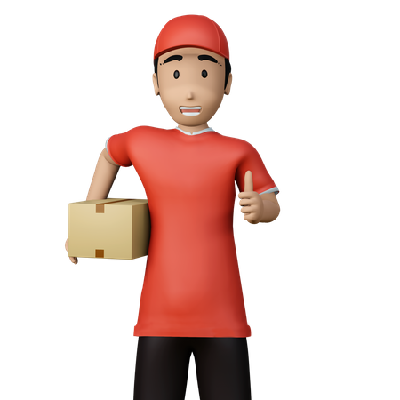 Deliveryman with box showing thumbs up 3D Illustration