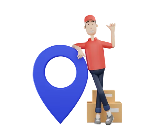 3 D Courier Character Leaning Beside Location Icon 3D Illustration