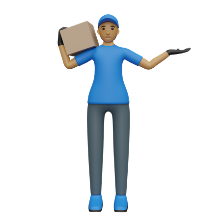 Deliveryman with package showing one wide hand  3D Illustration