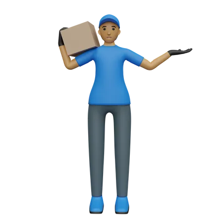 Deliveryman with package showing one wide hand  3D Illustration