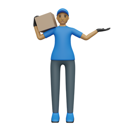Deliveryman with package showing one wide hand 3D Illustration