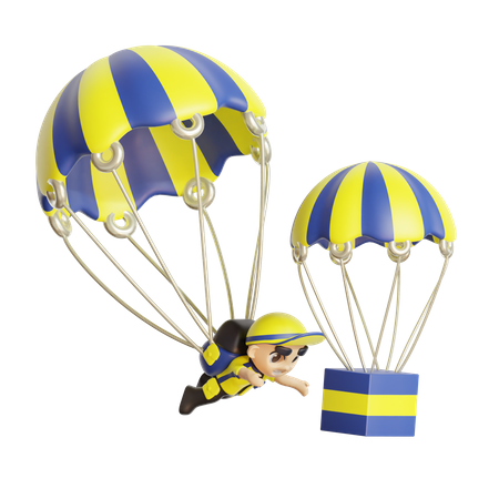 Deliveryman with package wearing parachute  3D Illustration