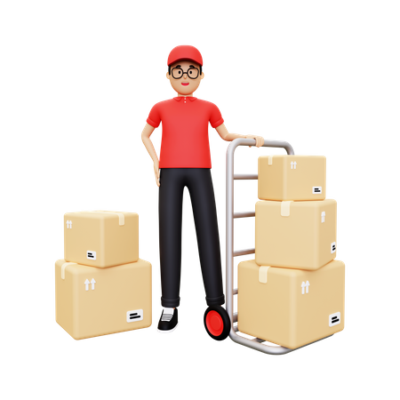 Deliveryman with packages trolley  3D Illustration