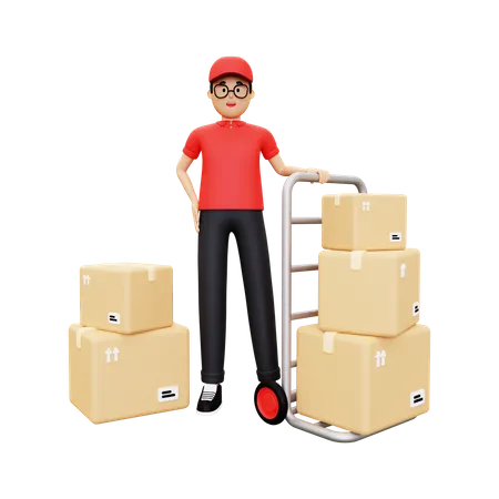 Deliveryman with packages trolley  3D Illustration