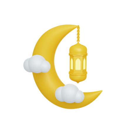 Demi-lune et lanterne avec nuage  3D Illustration