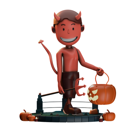 Demon Walking With Halloween Pumpkin  3D Illustration