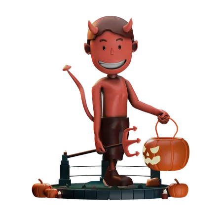 Demon Walking With Halloween Pumpkin  3D Illustration