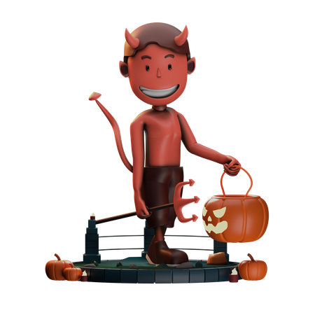 Demônio andando com abóbora de Halloween  3D Illustration