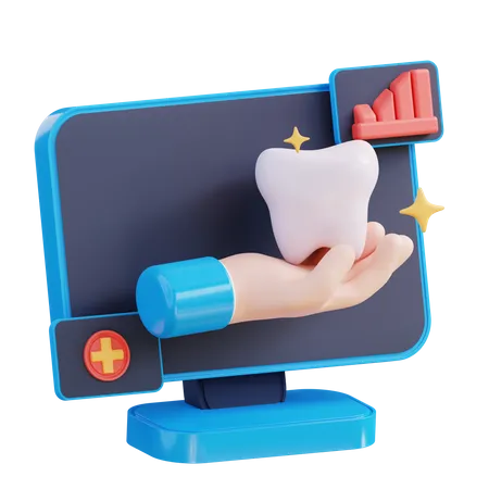 3 D Illustration Monitor Showing Hand Holding Teeth 3D Icon