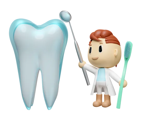 3 D Miniature Cartoon Character Dentist With Dentist Mirror Toothbrush Dental Molar Isolated Check For Cavities Dental Examination Of The Dentist Health Of White Teeth Oral Care 3D Illustration