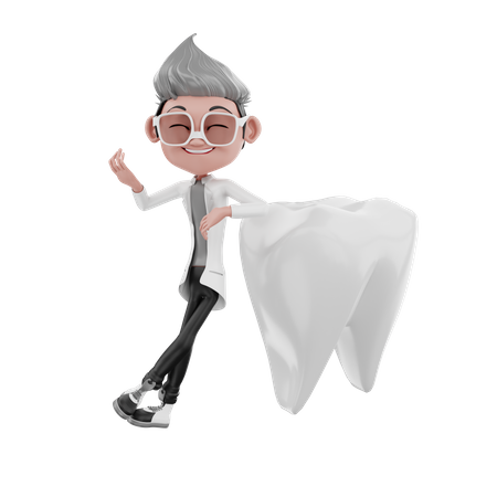 Dentist doctor leaning on tooth 3D Illustration