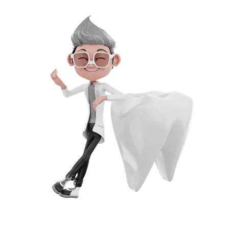 Dentist doctor leaning on tooth 3D Illustration