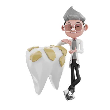 Dentist doctor standing behind on dirty tooth 3D Illustration