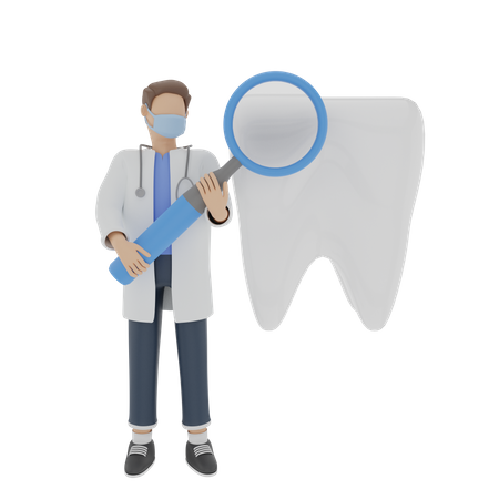 Dentist looking at teeth with magnifying glass  3D Illustration