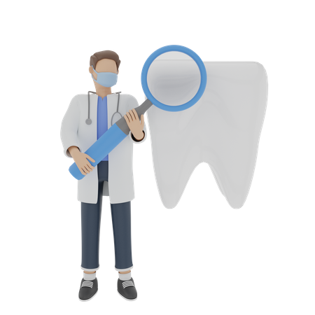 Dentist looking at teeth with magnifying glass 3D Illustration