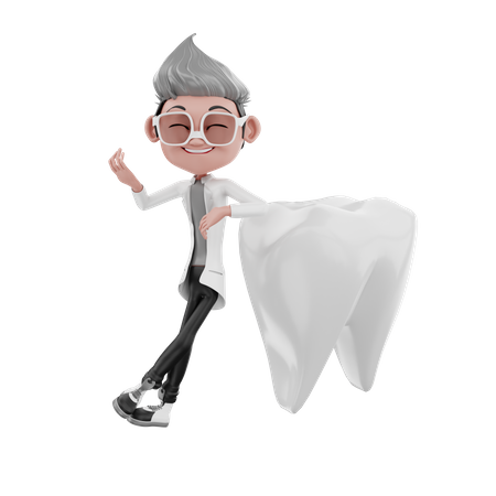 Médico dentista apoyado en el diente  3D Illustration