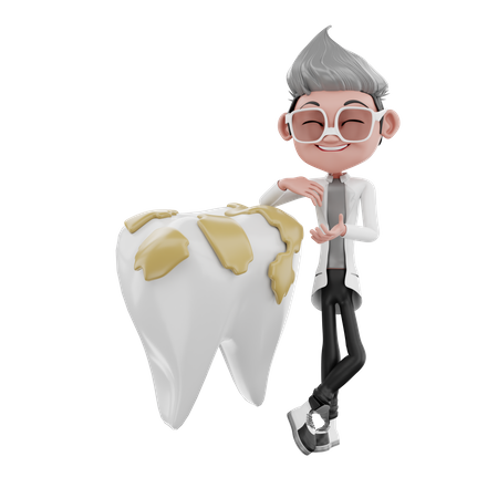 Médico dentista de pie detrás de un diente sucio  3D Illustration