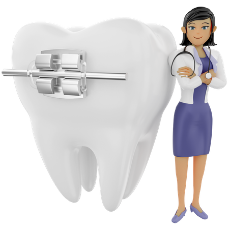 Dentista feminina mostrando aparelho dentário  3D Illustration