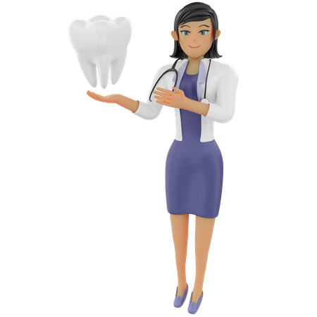 Dentista feminina mostrando dente saudável  3D Illustration