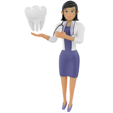 Dentista feminina mostrando dente saudável  3D Illustration