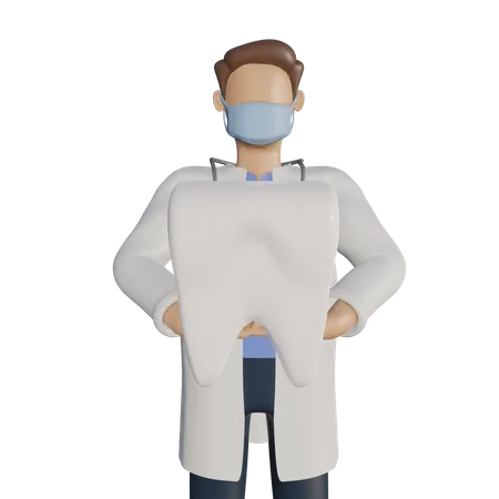 Personagem de dentista segurando os dentes  3D Illustration
