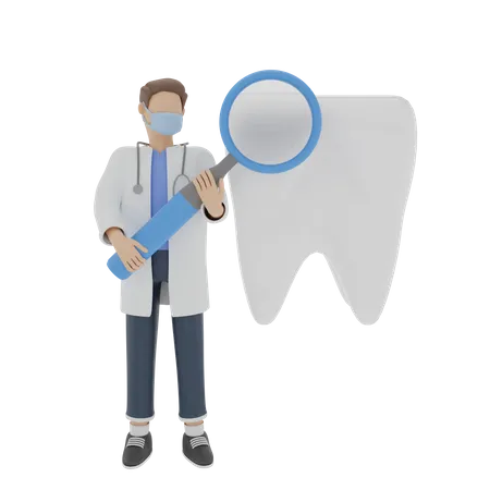 Dentiste regardant les dents avec une loupe  3D Illustration